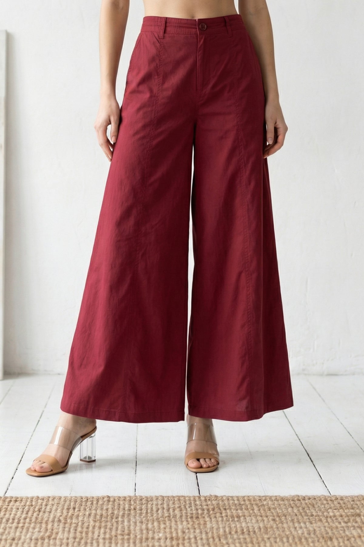 Maroon Blue Solid Pure Cotton Wide Leg Trousers
