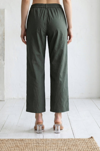 Olive Green Solid Pure Cotton Straight Fit Pants