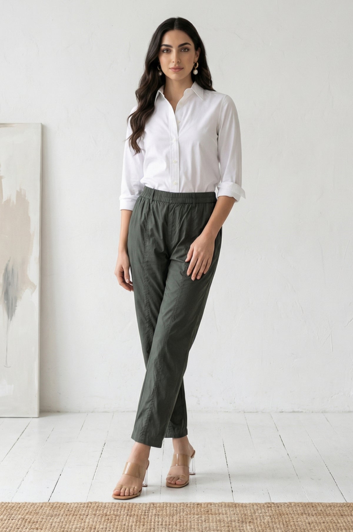 Olive Green Solid Pure Cotton Straight Fit Pants