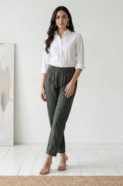 Olive Green Solid Pure Cotton Straight Fit Pants