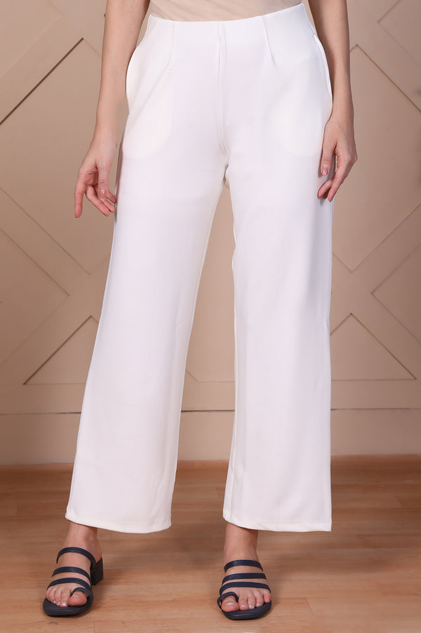 White Solid High Rise Ankle Length Wide Leg Boss Pants