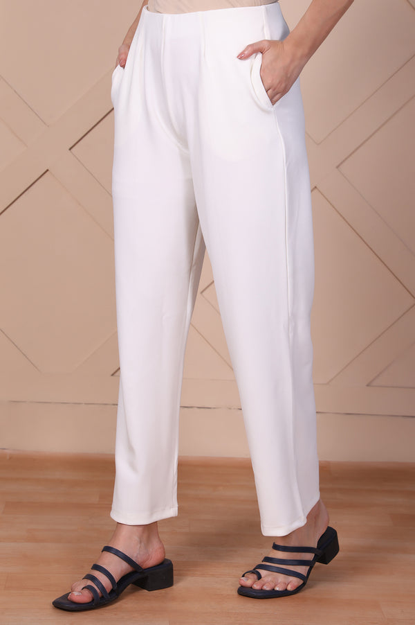 White Solid High Rise Ankle Length Wide Leg Boss Pants