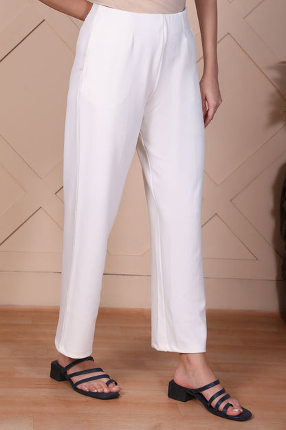 White Solid High Rise Ankle Length Wide Leg Boss Pants
