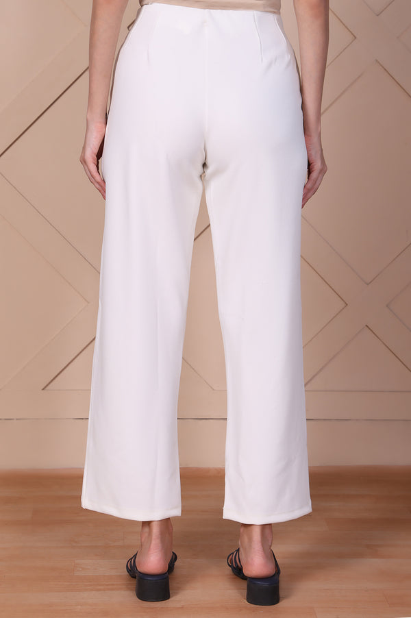 White Solid High Rise Ankle Length Wide Leg Boss Pants