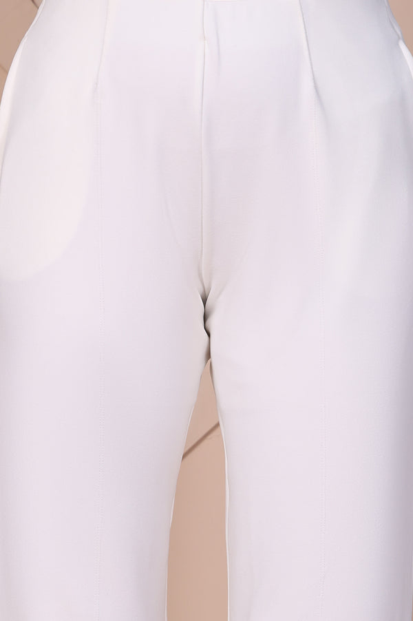 White Solid High Rise Ankle Length Wide Leg Boss Pants