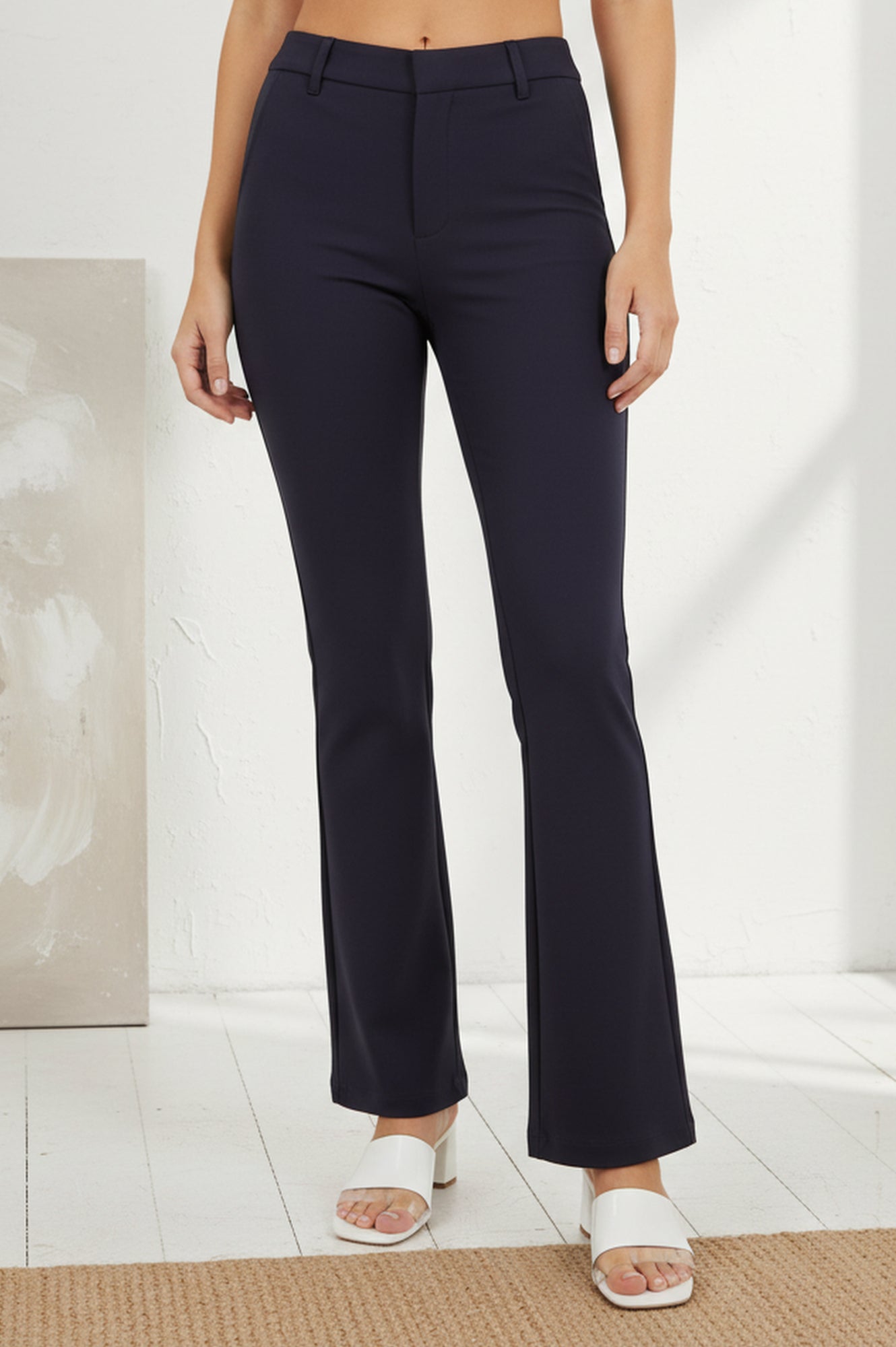 Navy Blue Solid Buttons Rayon Slim Fit Flared Boss Pants