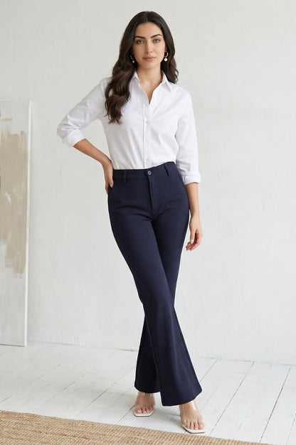 Navy Blue Solid Buttons Rayon Slim Fit Flared Boss Pants