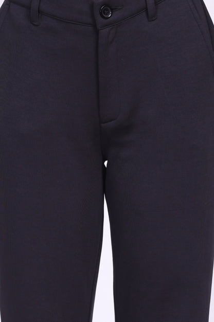 Navy Blue Solid Straight Fit Ankle Length Pants