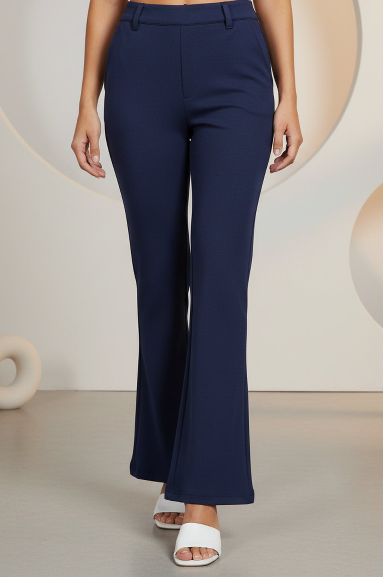Navy Blue Solid Ankle Length Mid Rise Pants