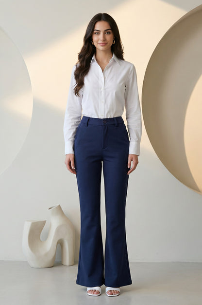 Navy Blue Solid Ankle Length Mid Rise Pants