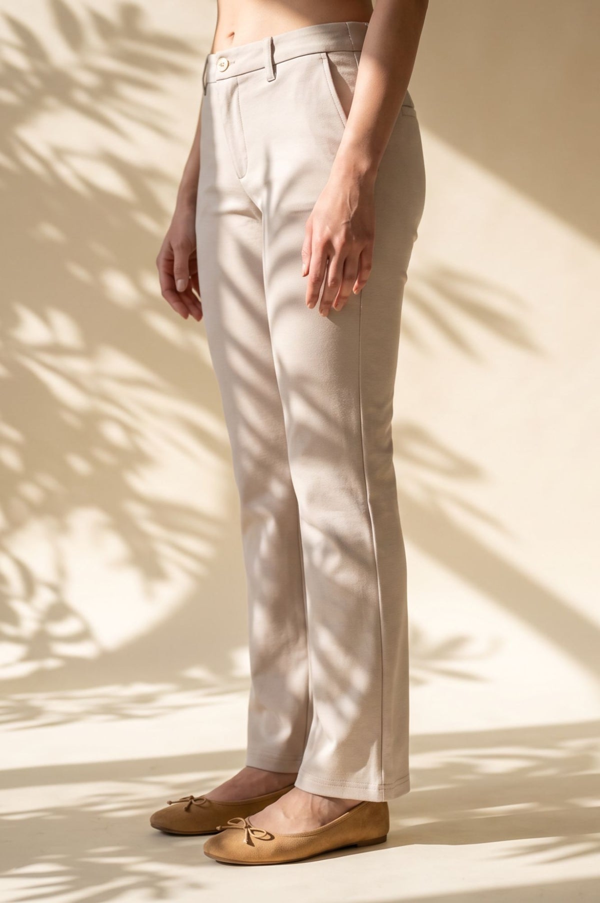 Beige Solid Modal Slim Fit Floor Length Mid Rise Pants