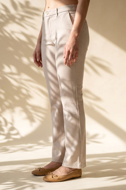 Beige Solid Modal Slim Fit Floor Length Mid Rise Pants