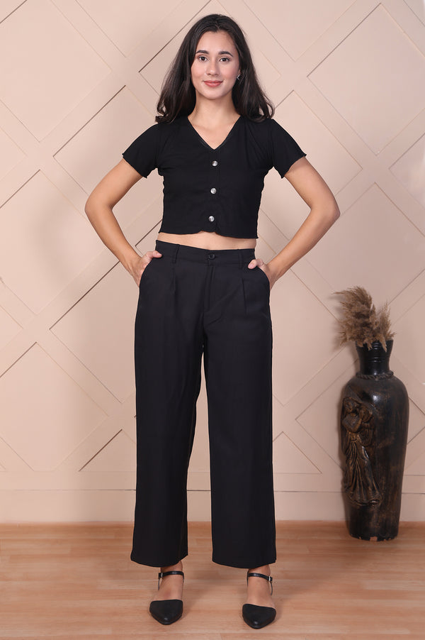 Black Solid High Rise Ankle Length Wide Leg Boss Pants