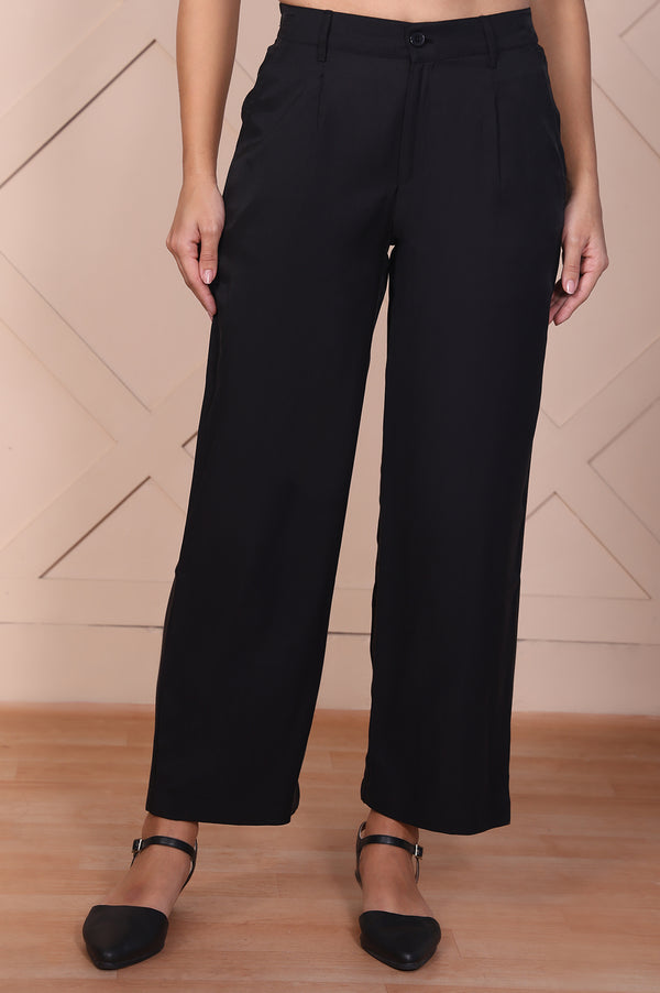 Black Solid High Rise Ankle Length Wide Leg Boss Pants
