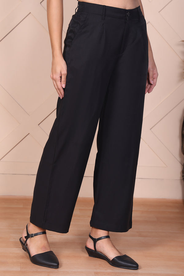 Black Solid High Rise Ankle Length Wide Leg Boss Pants