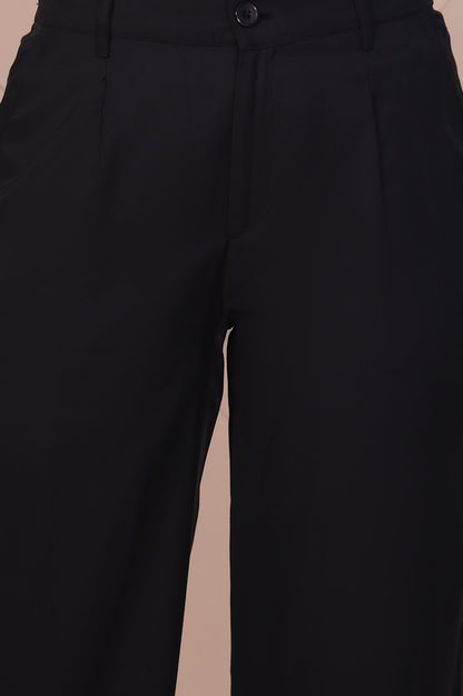 Black Solid High Rise Ankle Length Wide Leg Boss Pants