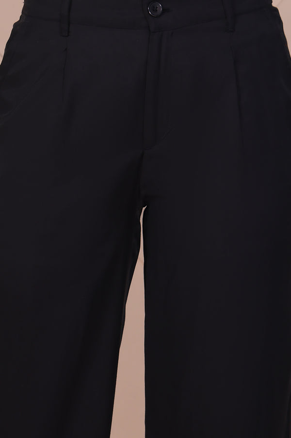 Black Solid High Rise Ankle Length Wide Leg Boss Pants