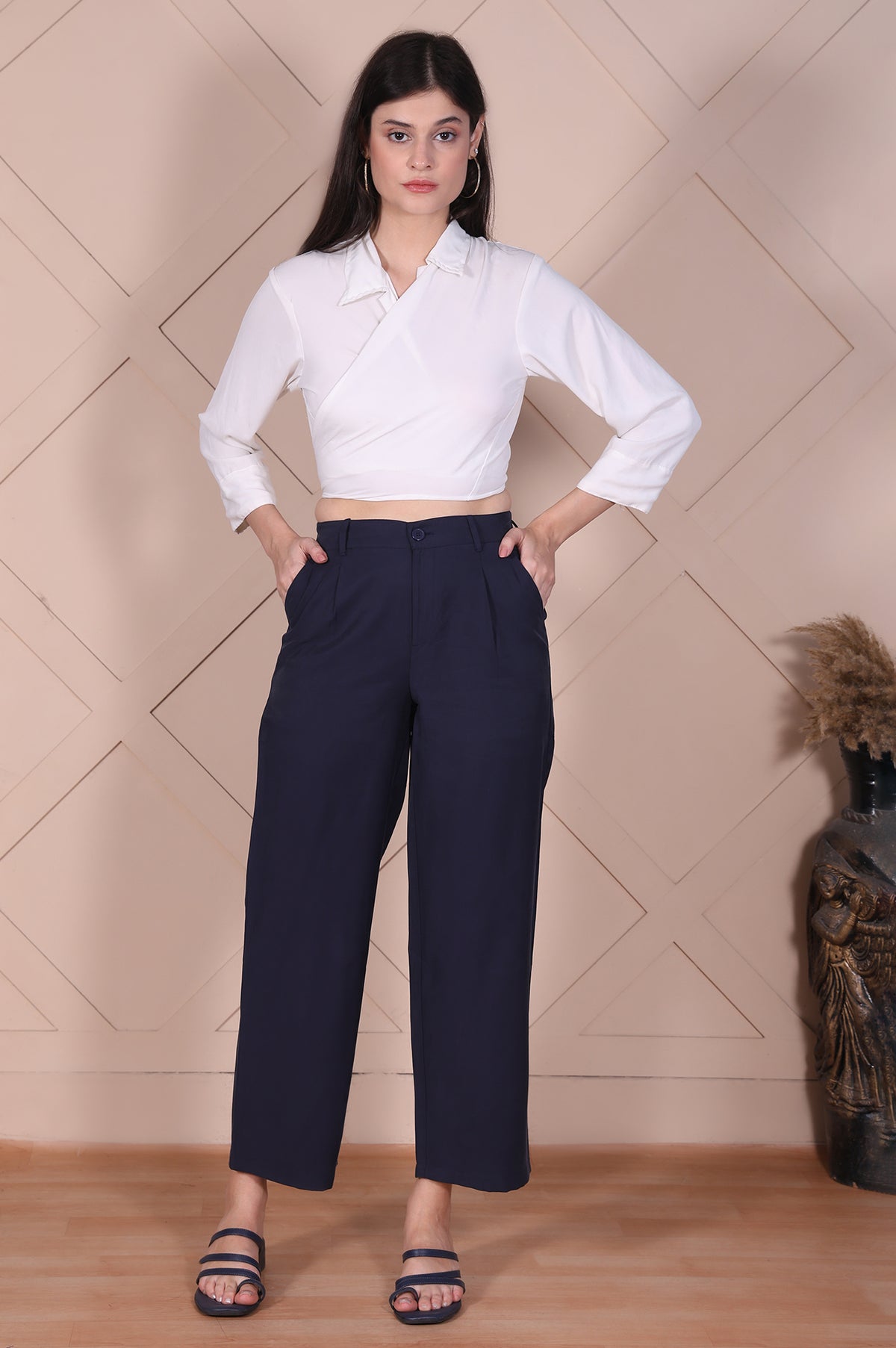 Navy Solid High Rise Ankle Length Wide Leg Boss Pants