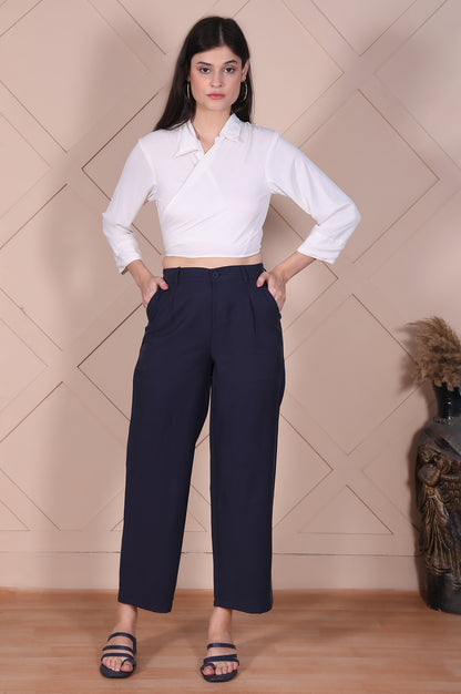 Navy Solid High Rise Ankle Length Wide Leg Boss Pants