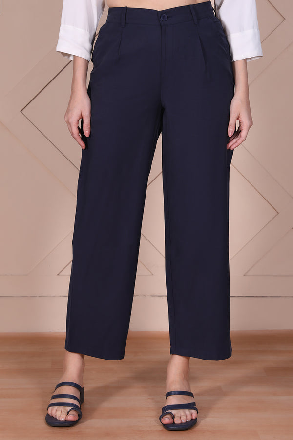 Navy Solid High Rise Ankle Length Wide Leg Boss Pants