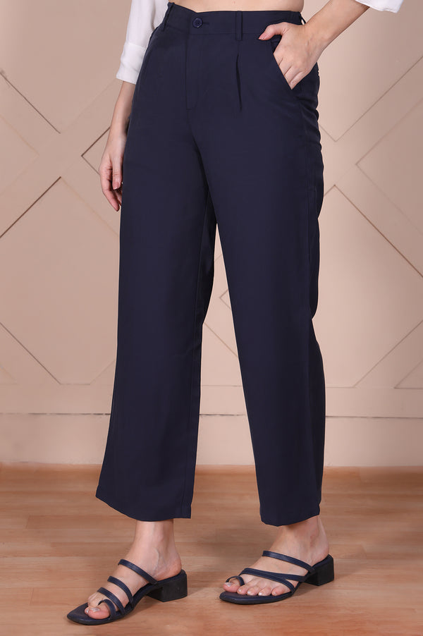 Navy Solid High Rise Ankle Length Wide Leg Boss Pants