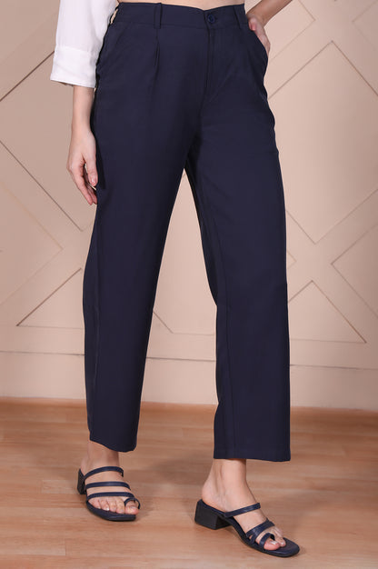 Navy Solid High Rise Ankle Length Wide Leg Boss Pants