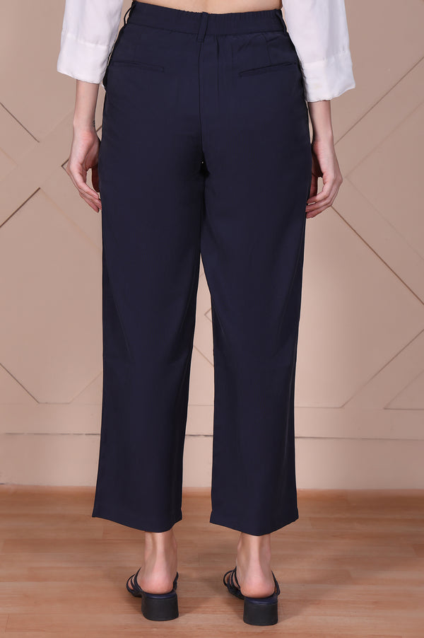 Navy Solid High Rise Ankle Length Wide Leg Boss Pants
