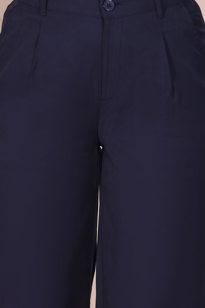 Navy Solid High Rise Ankle Length Wide Leg Boss Pants