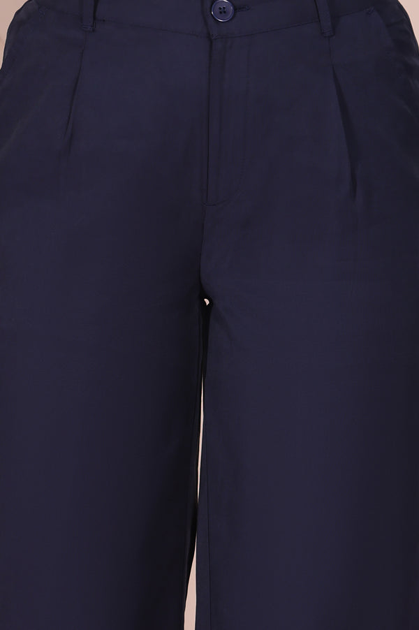 Navy Solid High Rise Ankle Length Wide Leg Boss Pants