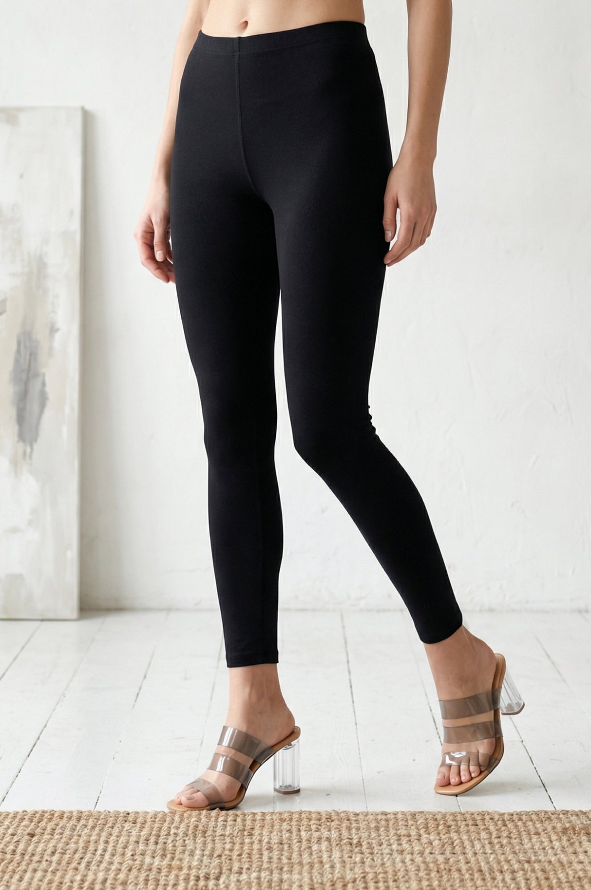 Black Solid Cotton Lyrca Skinny Fit Ankle Length Leggings