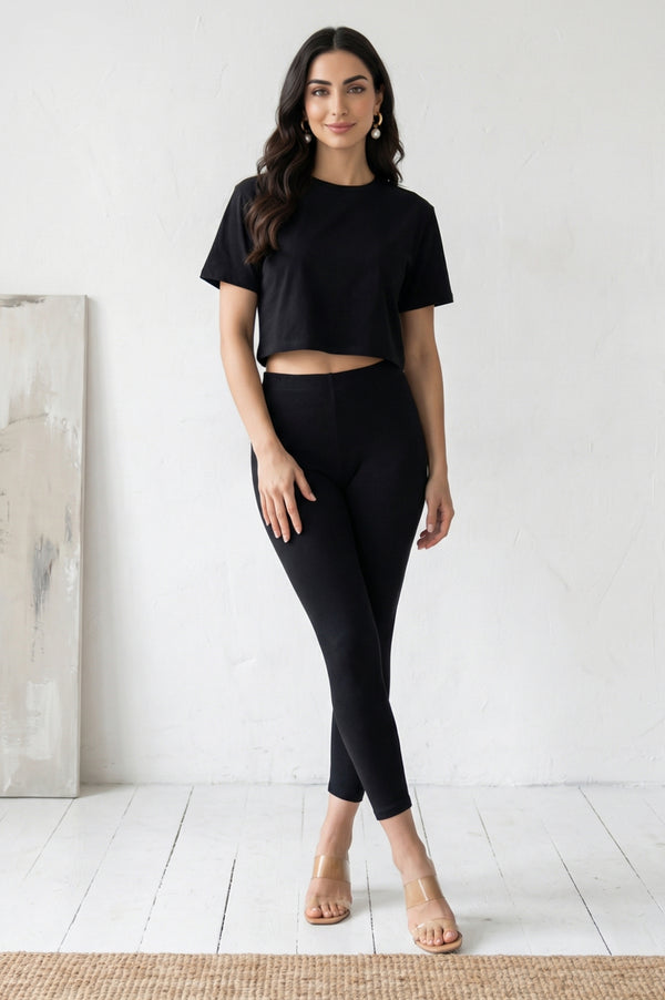 Black Solid Cotton Lyrca Skinny Fit Ankle Length Leggings