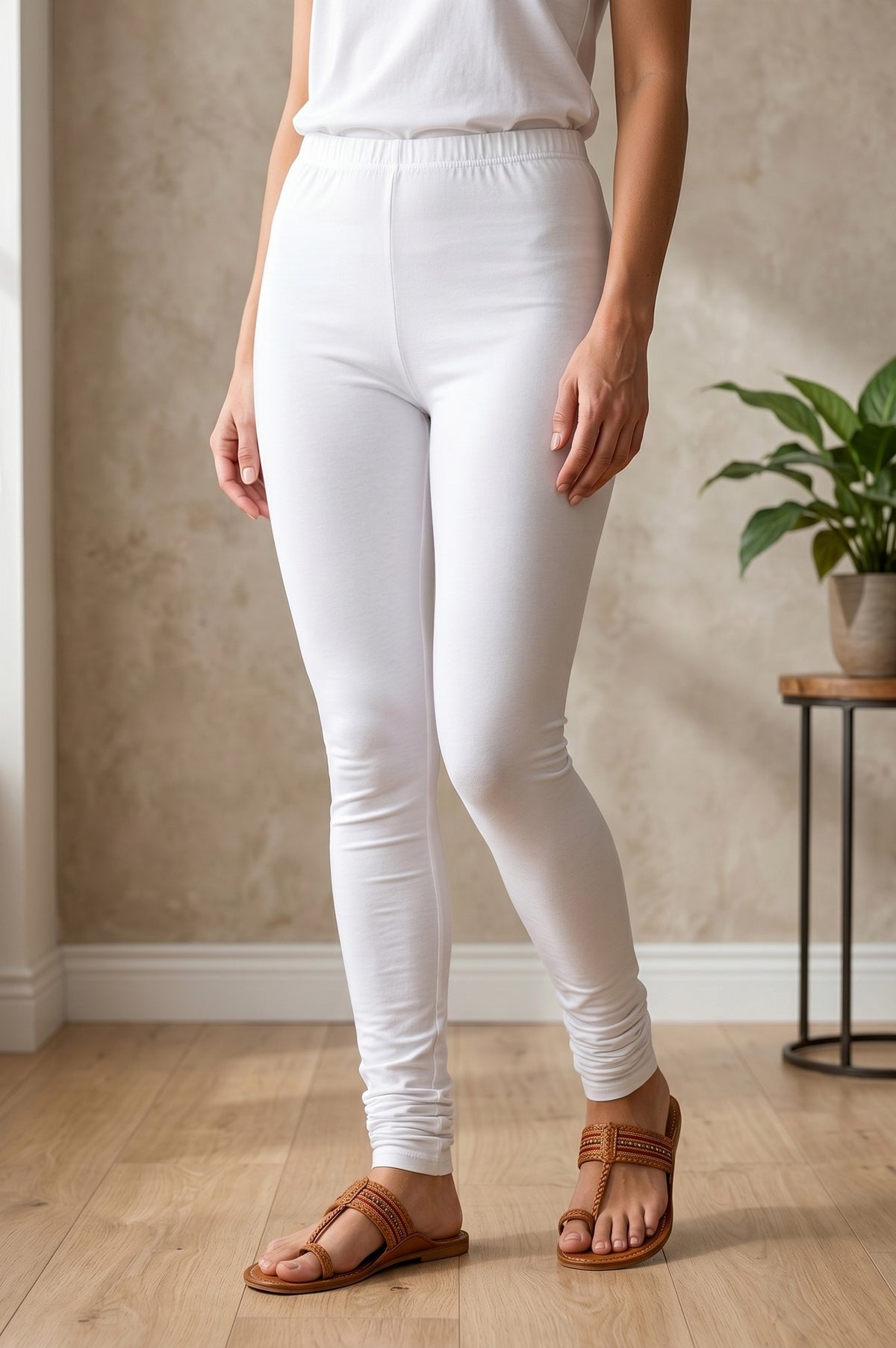 White High Rise Skinny Fit Ankle Length Cotton Blend Leggings