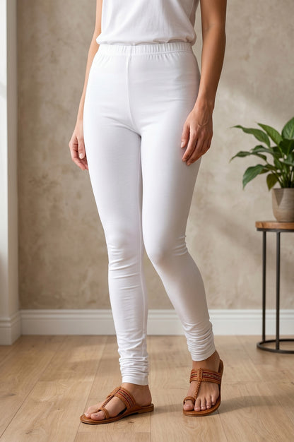 White High Rise Skinny Fit Ankle Length Cotton Blend Leggings