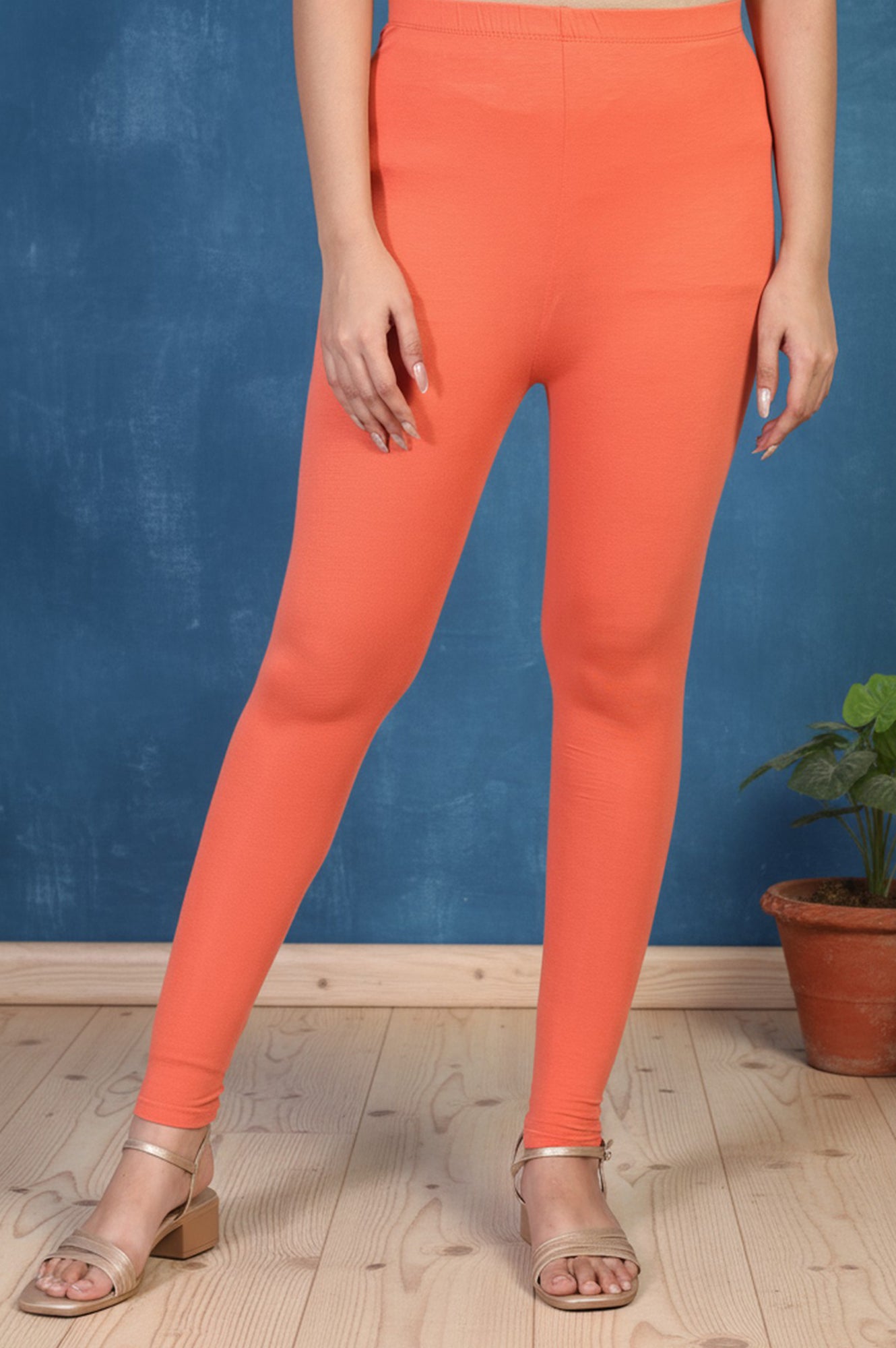 Orange Solid Ankle Length Cotton Tight
