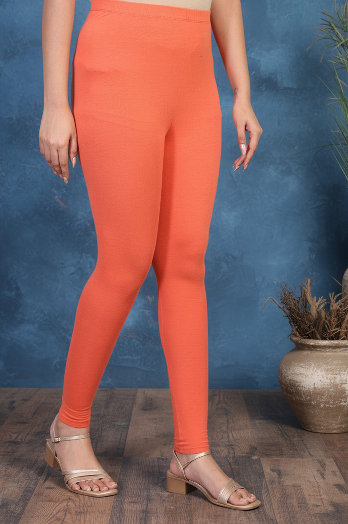 Orange Solid Ankle Length Cotton Tight