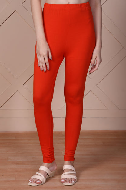 Bright Red Solid Ankle-Length Cotton Tights