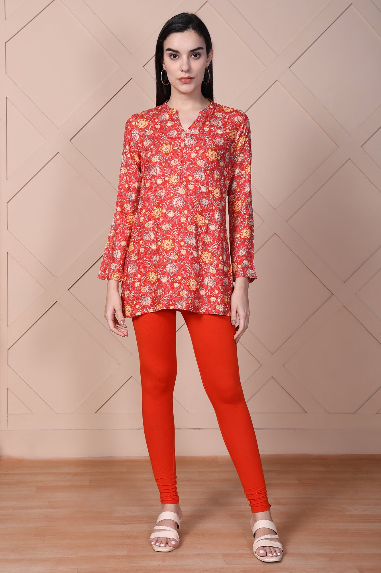 Bright Red Solid Ankle-Length Cotton Tights