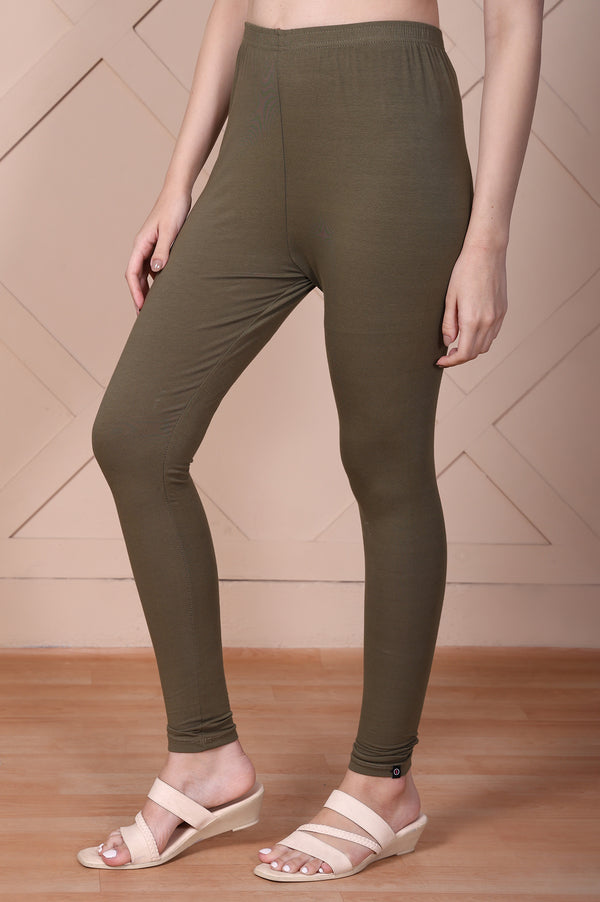 Olive Green Skinny Fit Ankle Length Cotton Tights