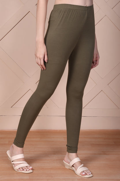 Olive Green Skinny Fit Ankle Length Cotton Tights