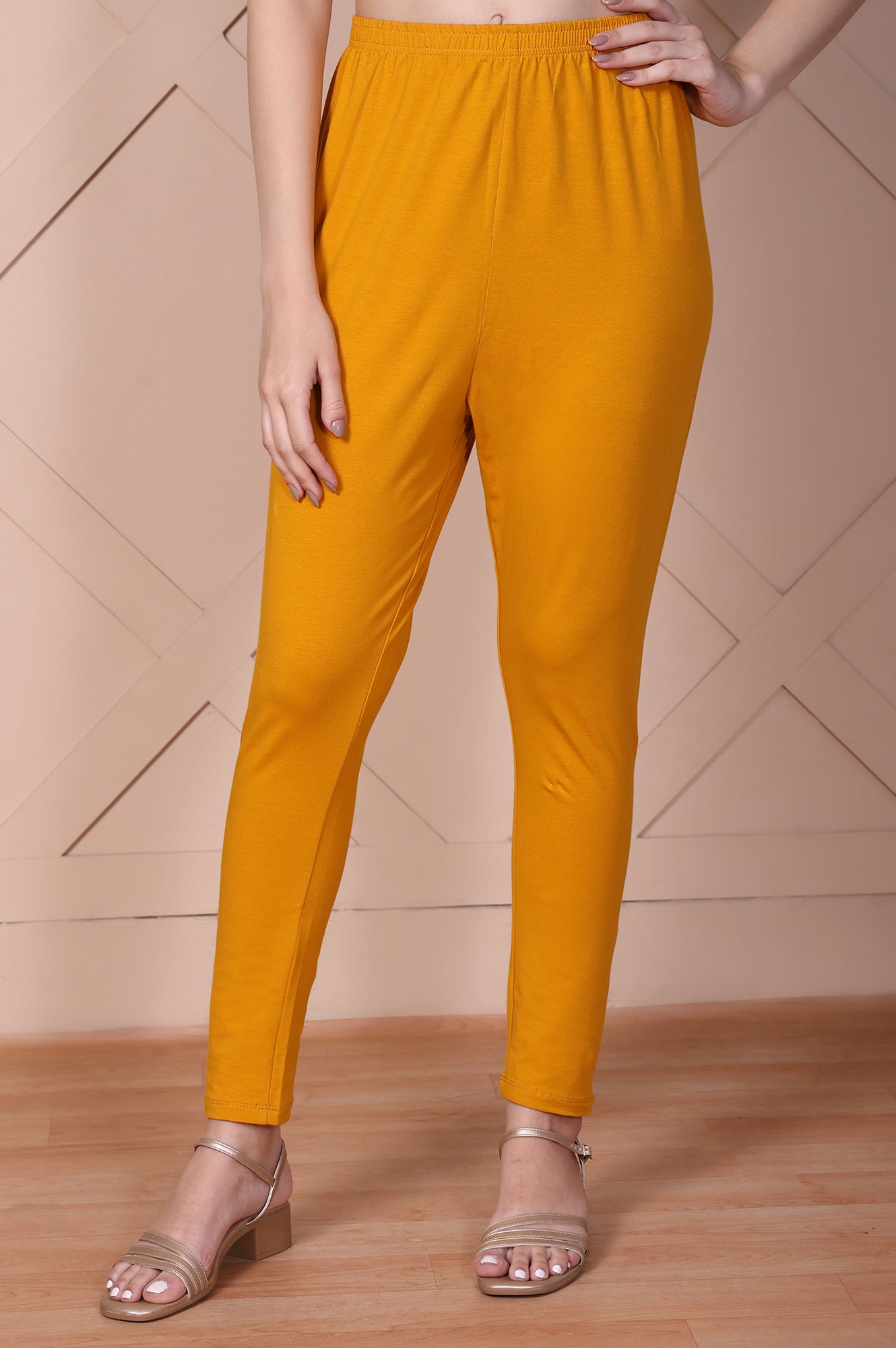 Mustard Solid High-Waisted Cotton Tights