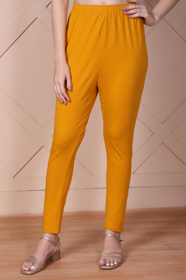 Mustard Solid High-Waisted Cotton Tights