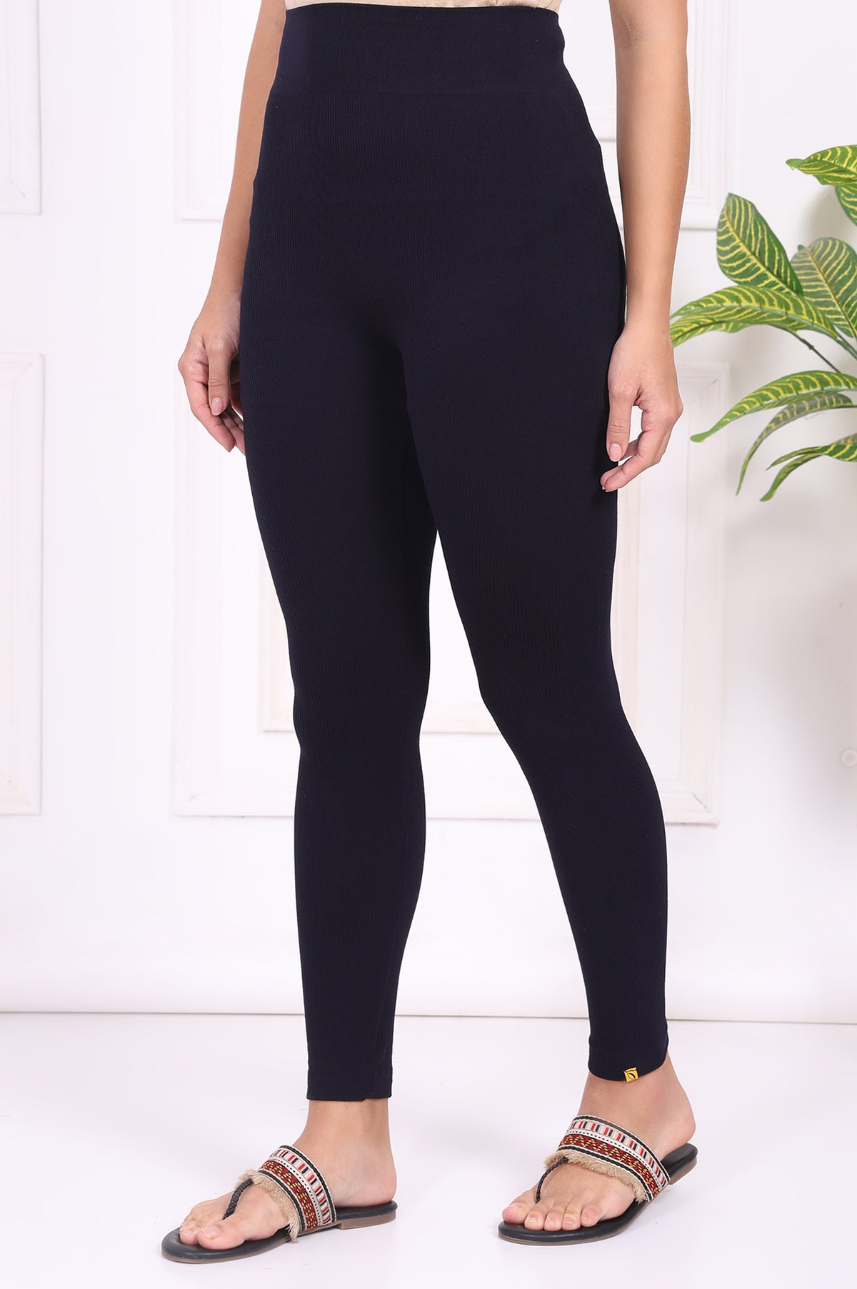 Navy Blue Textured Skinny Fit Tights
