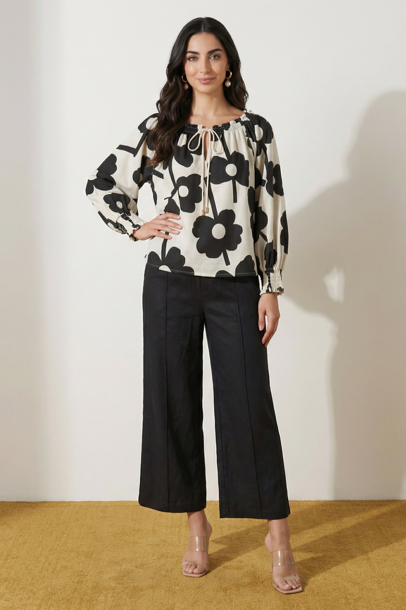 Black Solid Rayon Wide Leg Ankle Length Trousers
