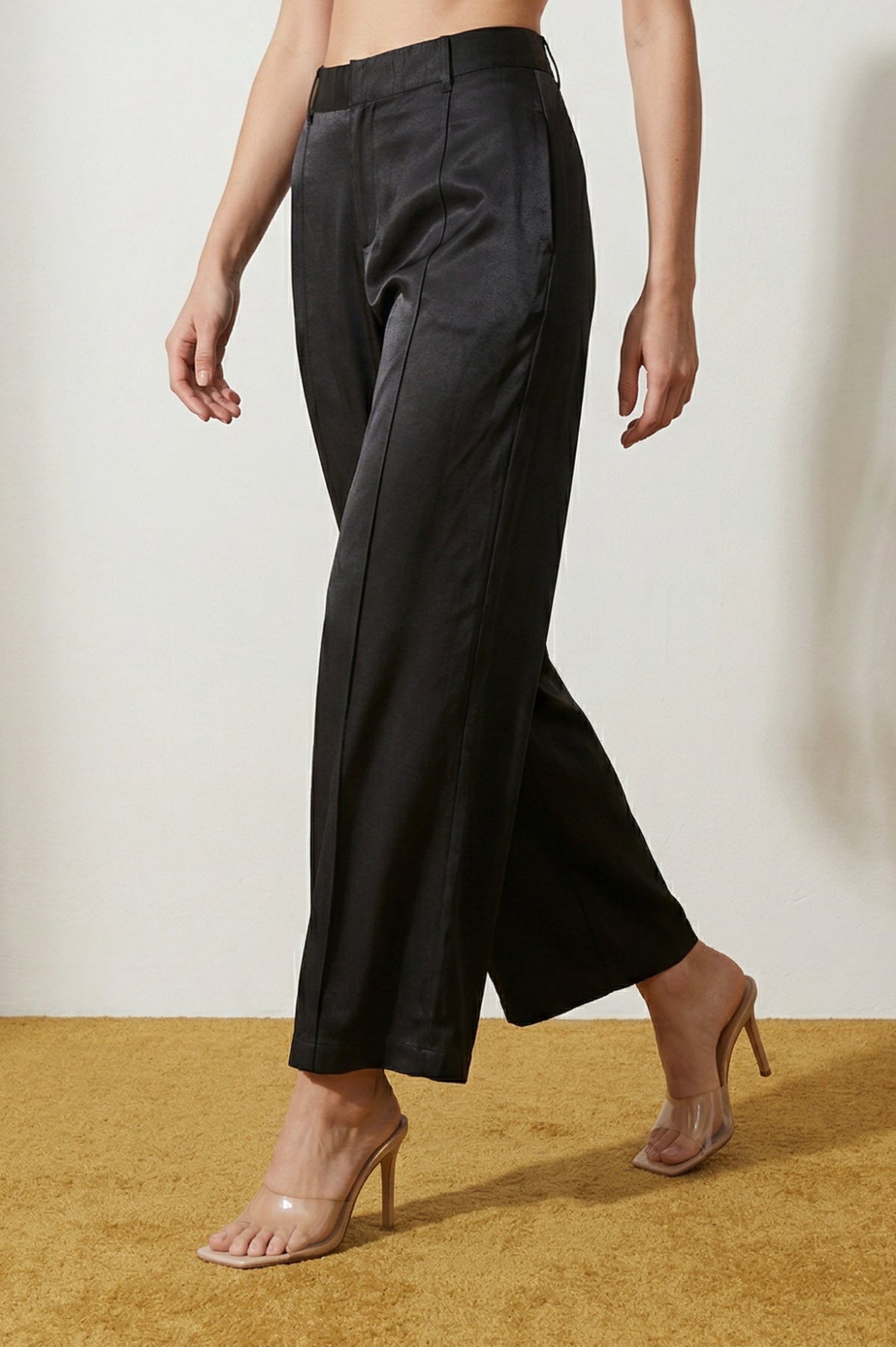 Black Solid Rayon Wide Leg Ankle Length Trousers