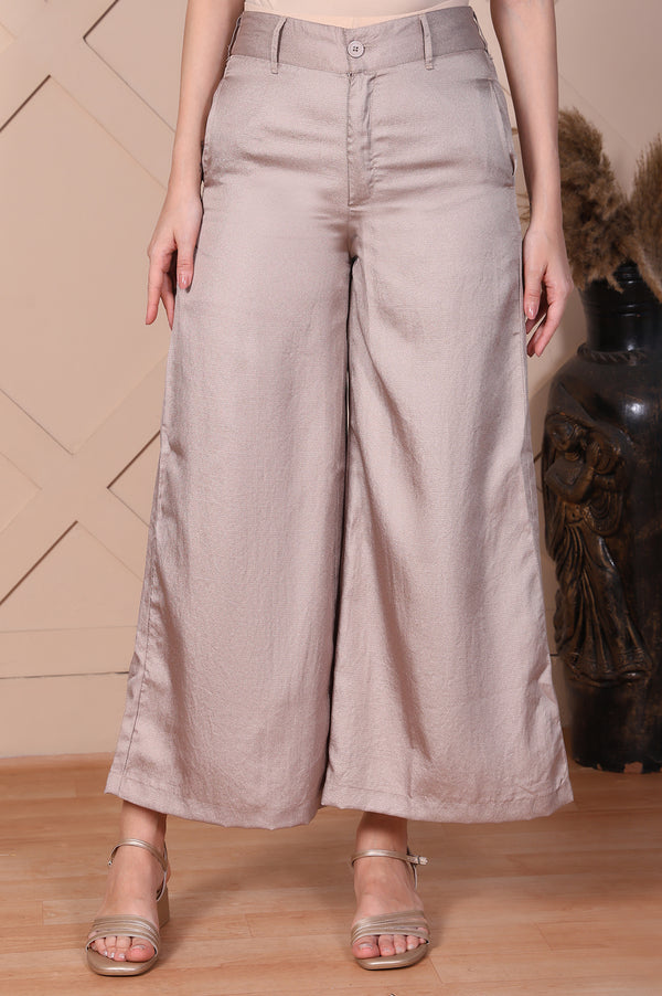 Beige Solid High Rise Ankle Length Wide Leg Trouser