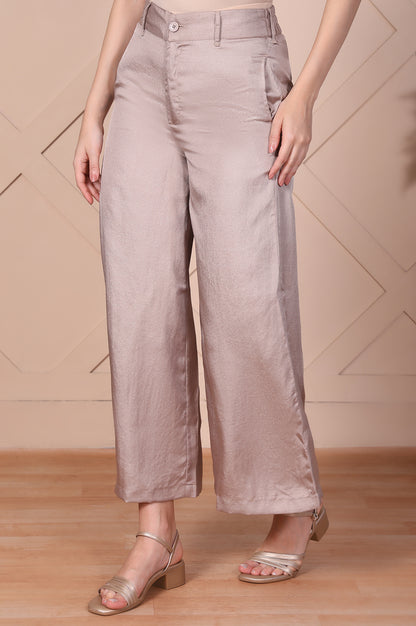 Beige Solid High Rise Ankle Length Wide Leg Trouser