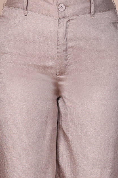 Beige Solid High Rise Ankle Length Wide Leg Trouser