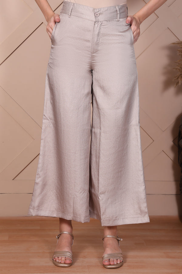 Beige Solid High Rise Ankle Length Wide Leg Trouser