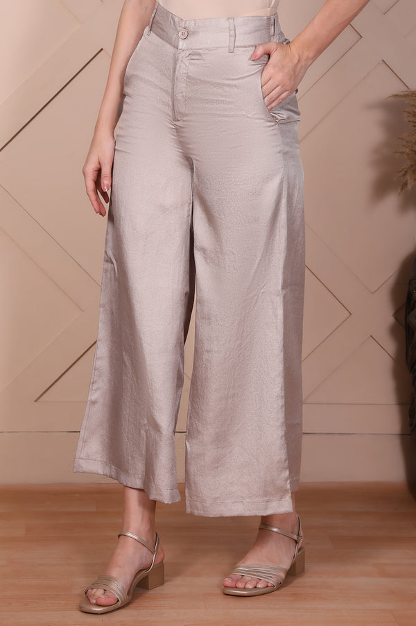 Beige Solid High Rise Ankle Length Wide Leg Trouser