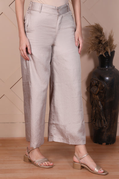 Beige Solid High Rise Ankle Length Wide Leg Trouser